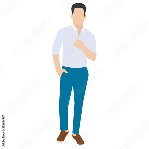 
A guy stylishly dressed up wearing denim upper, shoes and t shirt with chino jeans, looking away and presenting walking gesture 
