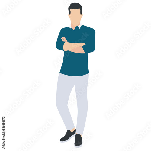 
A guy stylishly dressed up wearing denim upper, shoes and t shirt with chino jeans, looking away and presenting walking gesture 
