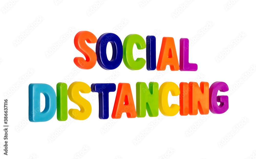 Text SOCIAL DISTANCE on a white background.