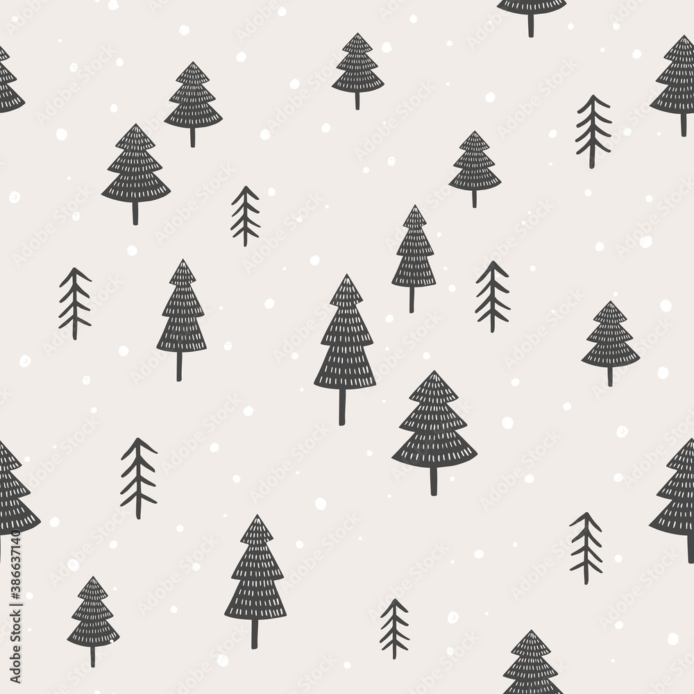 Scandinavian winter forest vector pattern. Hand drawn seamless backgorund With trees and snow.