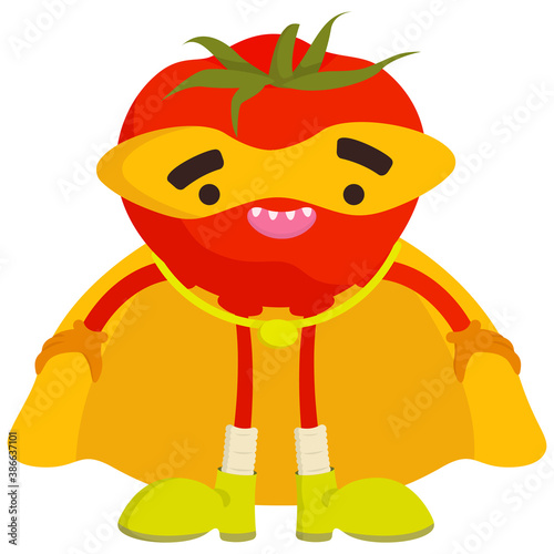 Funny vegetable superhero. Tomato in cartoon style.