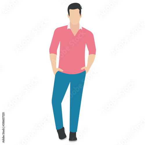 
A guy stylishly dressed up wearing denim upper, shoes and t shirt with chino jeans, looking away and presenting walking gesture 
