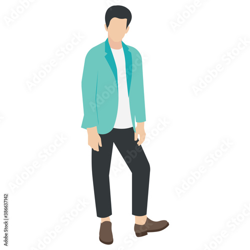 
A guy stylishly dressed up wearing denim upper, shoes and t shirt with chino jeans, looking away and presenting walking gesture 

