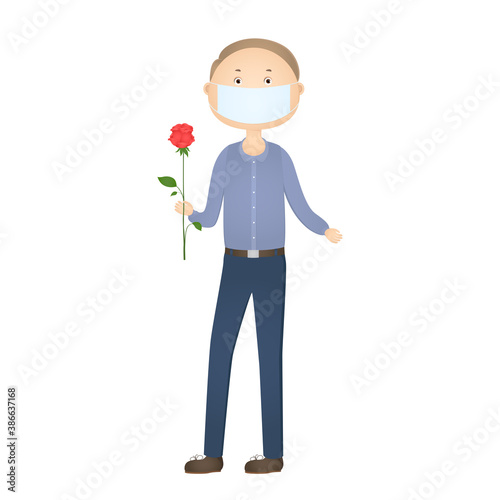 Man in face mask hold rose. Cartoon. Vector illustration.