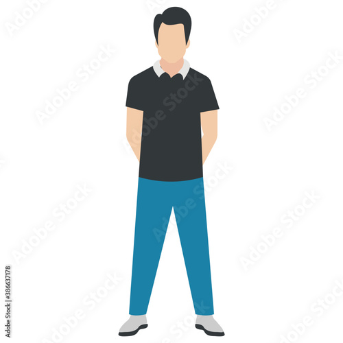 
A guy stylishly dressed up wearing denim upper, shoes and t shirt with chino jeans, looking away and presenting walking gesture 
