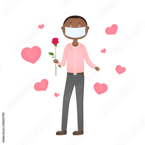 African boy in face mask hold flower. Cartoon. Vector illustration.
