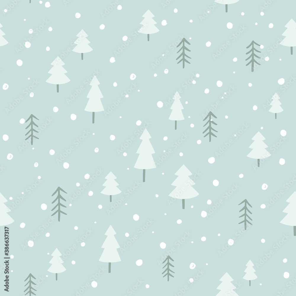 Winter forest vector pattern in scandinavian style. Woodland seamless print with trees and snow.