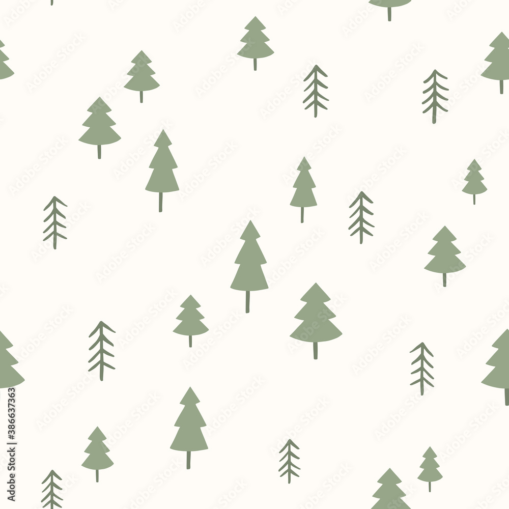 Forest vector pattern. Cute hand drawn woodland seamless background with trees.