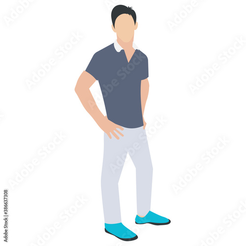 
A guy stylishly dressed up wearing denim upper, shoes and t shirt with chino jeans, looking away and presenting walking gesture 
