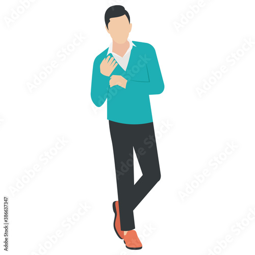 
A guy stylishly dressed up wearing denim upper, shoes and t shirt with chino jeans, looking away and presenting walking gesture 
