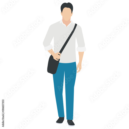 
A guy stylishly dressed up wearing denim upper, shoes and t shirt with chino jeans, looking away and presenting walking gesture 
