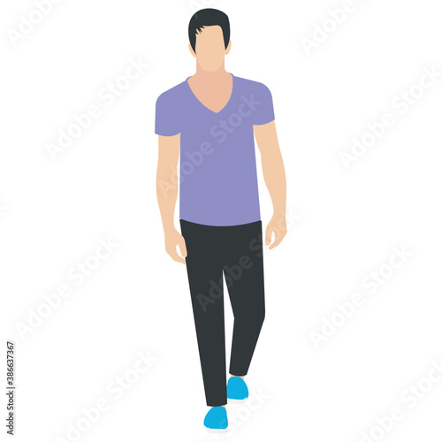 
A guy stylishly dressed up wearing denim upper, shoes and t shirt with chino jeans, looking away and presenting walking gesture 
