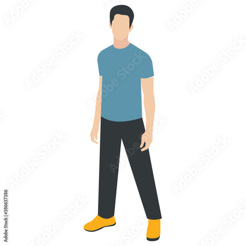 
A guy stylishly dressed up wearing denim upper, shoes and t shirt with chino jeans, looking away and presenting walking gesture 
