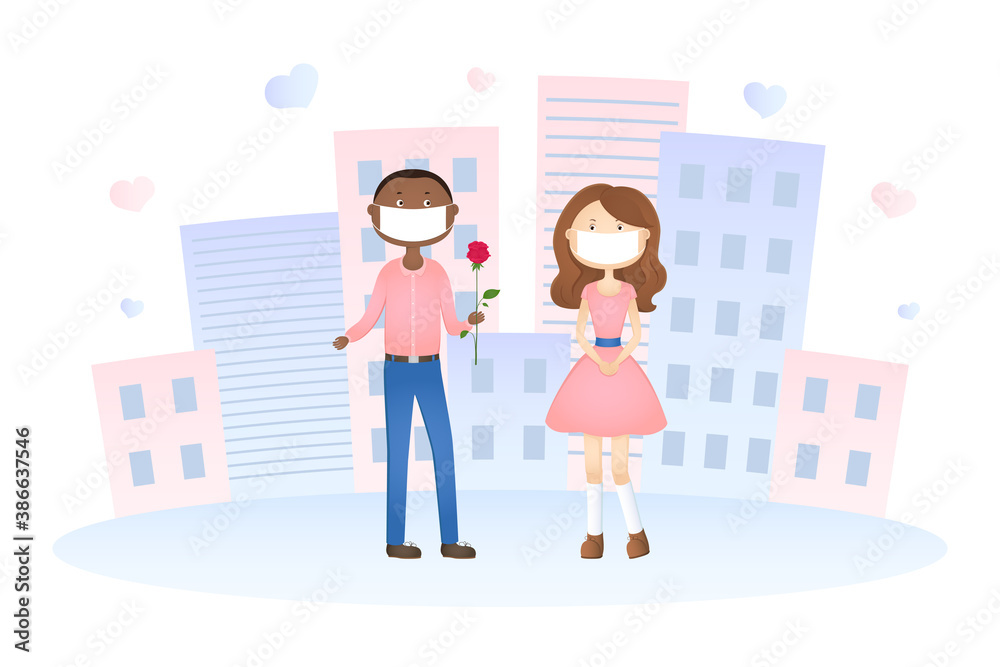 Couple in face masks on date. Vector illustration. Couple in face masks on date. Vector illustration.