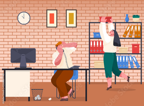 Woman take carton box from rack with shelves. Office worker take archive files. Chaos in office. Office worker with phone scared looking. Unorganized guy try to solve work difficulties in last time