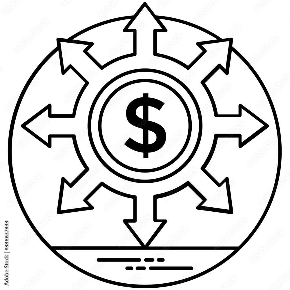 Round coin with arrows heading in all directions conceptualizing budget spending icon
Round coin with arrows heading in all directions conceptualizing budget spending icon