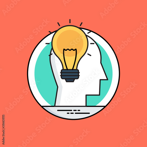 
Light bulb inside cog in human head is icon of creative mind 
