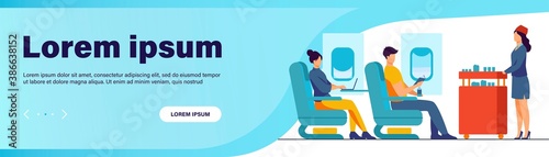 Air trip with comfort flat vector illustration. Passengers waiting for airline meal. People travelling by plane and sitting near airplane window. Airline, tourism and journey concept.