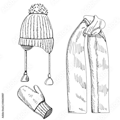 scarf, hat hand drawn sketch