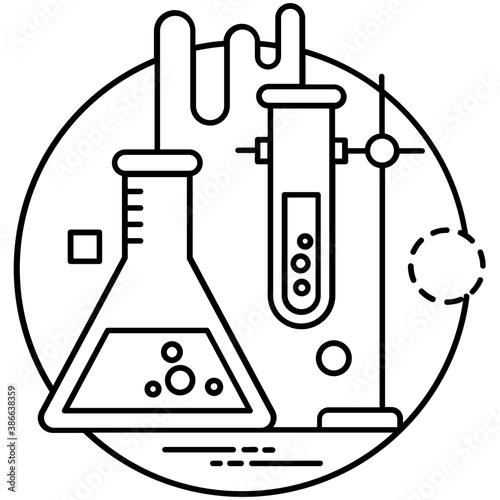 
A laboratory flask in flask clamp stand along with a hand pouring chemical into flask, lab experiment icon
