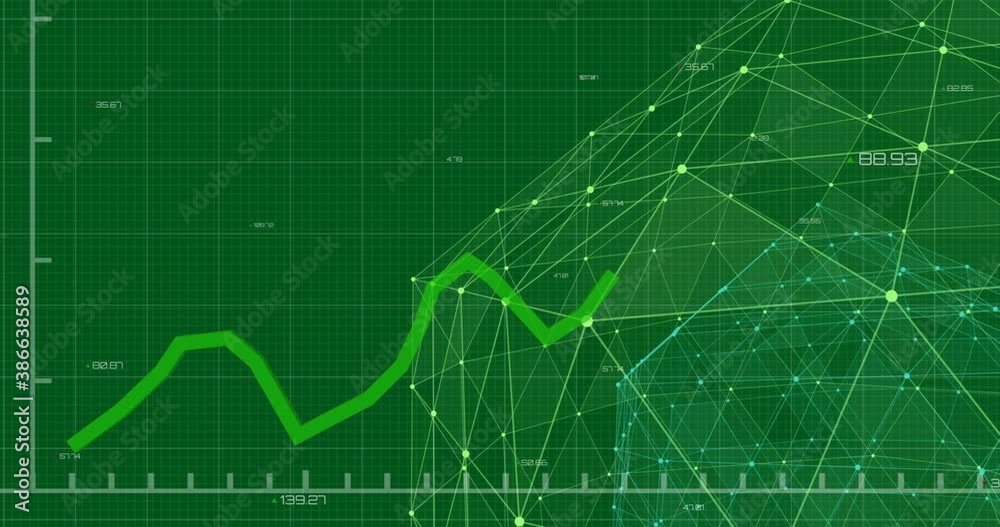 Green graphs moving against globe of network of connections on green background Green graphs moving against globe of network of connections on green background