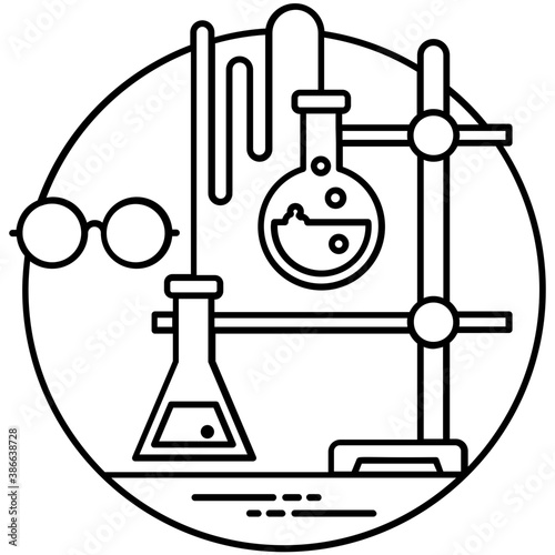 
A laboratory flask in flask clamp stand along with a hand pouring chemical into flask, lab experiment icon
