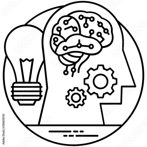 
Light bulb inside cog in human head is icon of creative mind 

