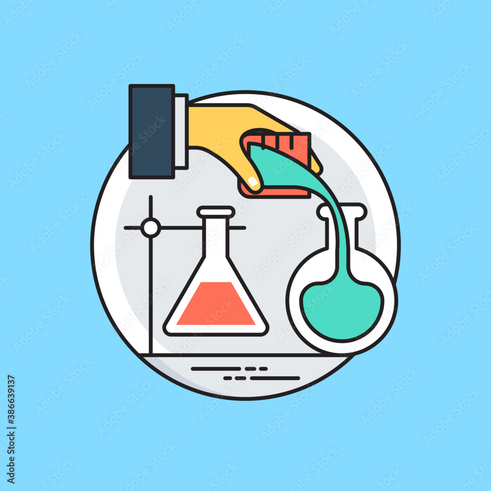 A laboratory flask in flask clamp stand along with a hand pouring chemical into flask, lab experiment icon
A laboratory flask in flask clamp stand along with a hand pouring chemical into flask, lab experiment icon