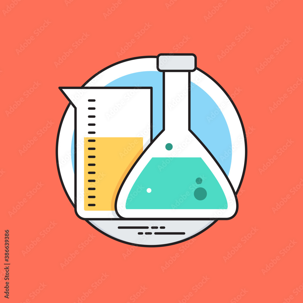 
A laboratory flask in flask clamp stand along with a hand pouring chemical into flask, lab experiment icon
