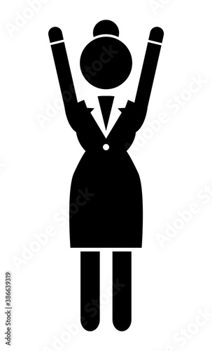 Vector business woman black silhouette. Lady dressed formally full length isolated on white background. Businesswoman wearing in dress code costume is standing straight. Female raised both hands up