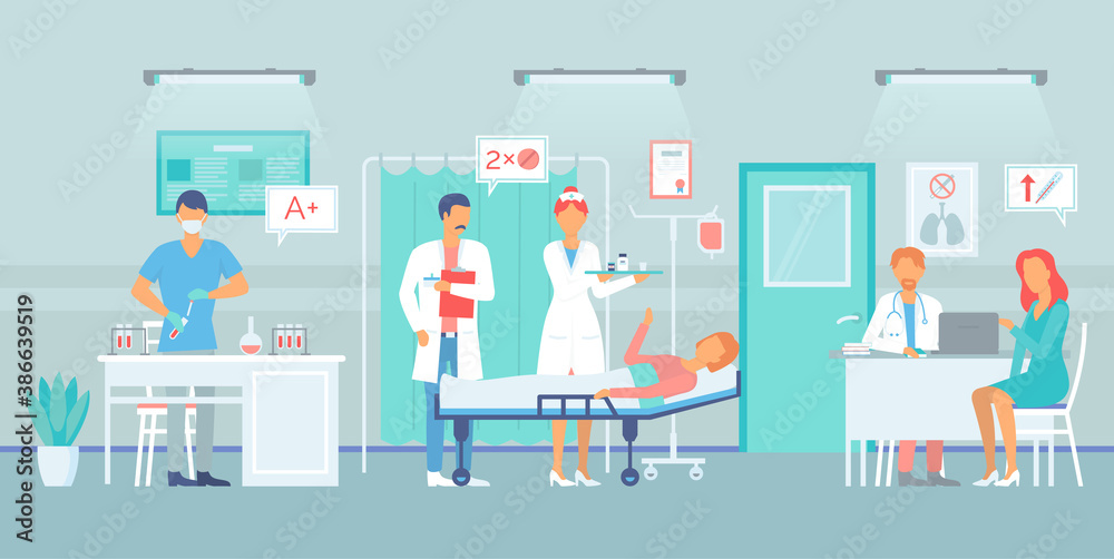 Covid-19 test in hospital, laboratory assistant testing blood at virus, doctor man prescribe medicine to patient lying at medical bed, woman talking with therapist about high temperature, clinic life Covid-19 test in hospital, laboratory assistant testing blood at virus, doctor man prescribe medicine to patient lying at medical bed, woman talking with therapist about high temperature, clinic life