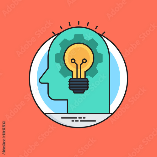 
Light bulb inside cog in human head is icon of creative mind 
