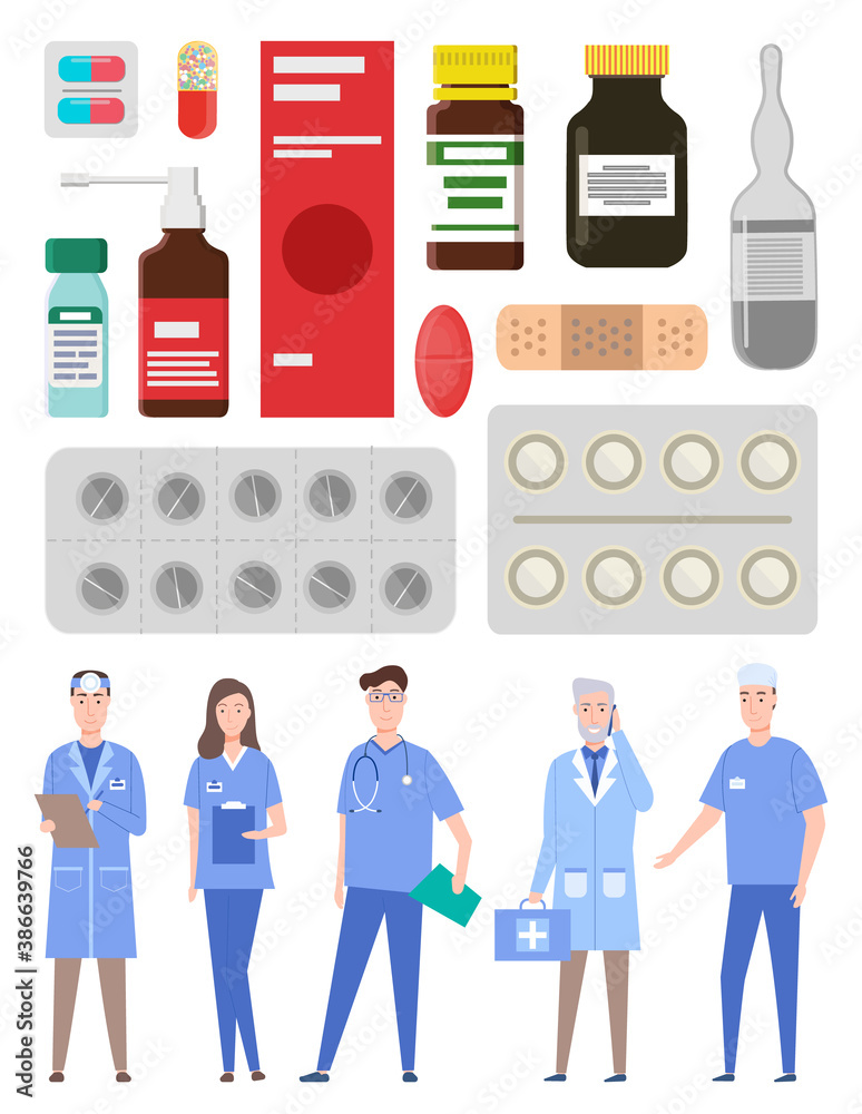Medical staff, doctors, medics, physician, therapist, healthcare web icons colorful capsules, containers, jars with pills, tablets, ointment, spray bottles capsules patch treatment collection