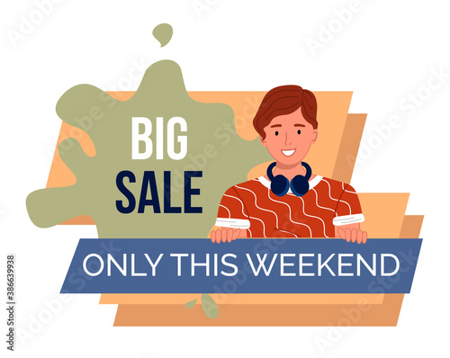 Big sale only this weekend banner with young man peeping from inscription. Discount poster template. Big sale special offer. End of season special proposition banner vector illustration flat style