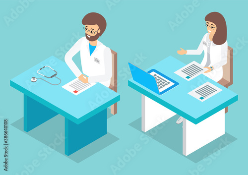 Doctors in the uniform sitting at the desk in the hospital office. Medical characters checking prescription on paper. Clinic appointment meeting, conversation about checkup results. Exam for doctors