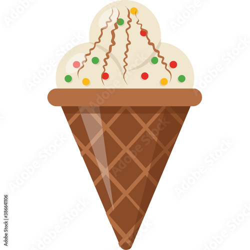 
A cone with ice cream having colorful topping characterizing waffle cone 
