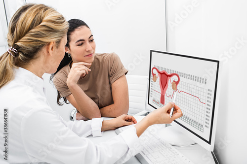 gynecologist communicates with her patient, indicating the menstrual cycle on the monitor. The reproductive specialist calculated the period of ovulation for the patient photo