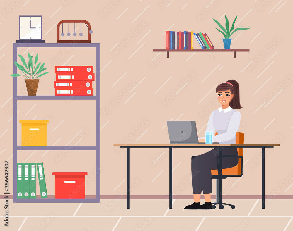 Office staff, manager work and communication. Office worker at the table. Business employees on their workspace. Co-worker. Business woman or a clerk working at his office workplace flat style Office staff, manager work and communication. Office worker at the table. Business employees on their workspace. Co-worker. Business woman or a clerk working at his office workplace flat style