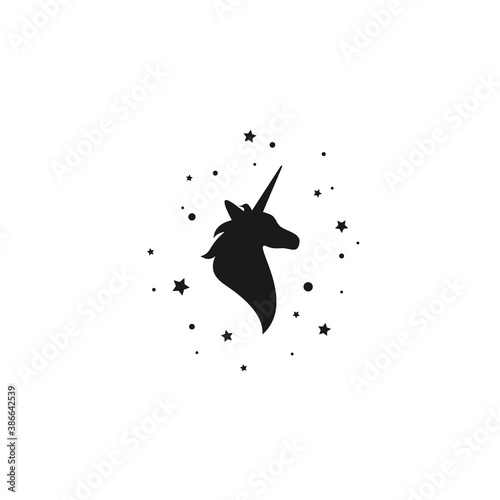 Black silhouette of graceful unicorn and stars. Fairy tale symbol.