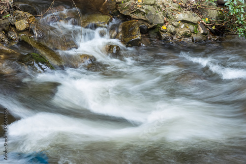 Water cascading down mountainside.stream in the forest