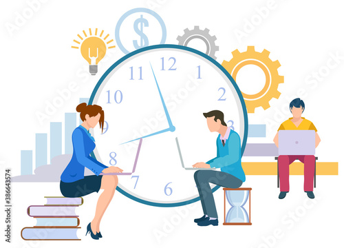 People with laptops vector  workers with computer programing coding man and woman sitting on books and hourglass. Deadline and time management clock