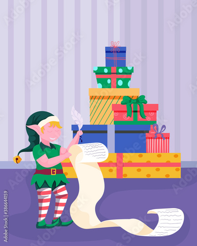 Cartoon elf in costume holding list and checking gifts. Colorful vector illustration.