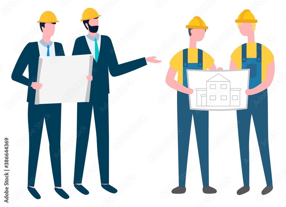 People reading plans and schemes of building vector, isolated team of workers. Businessman wearing formal clothes and workmen with helmets flat style People reading plans and schemes of building vector, isolated team of workers. Businessman wearing formal clothes and workmen with helmets flat style