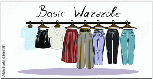 Capsule basic wardrobe for a woman. Minimalism. Fashion. Big cupboard. Wardrobe with a set of clothes on hangers and bags. Isolated vector objects.