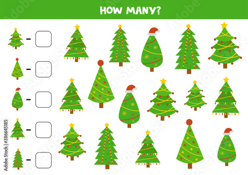 Count all Christmas trees. Educational math game for kids. Counting worksheet for children.