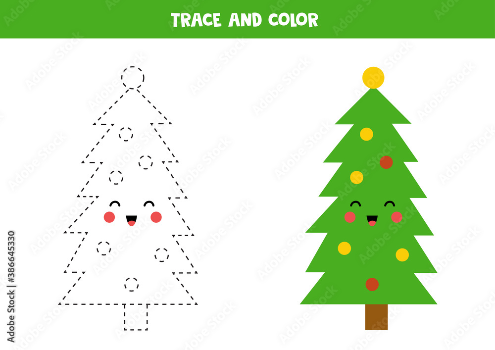 Tracing and coloring cute Christmas tree. Handwriting practice. Tracing and coloring cute Christmas tree. Handwriting practice.