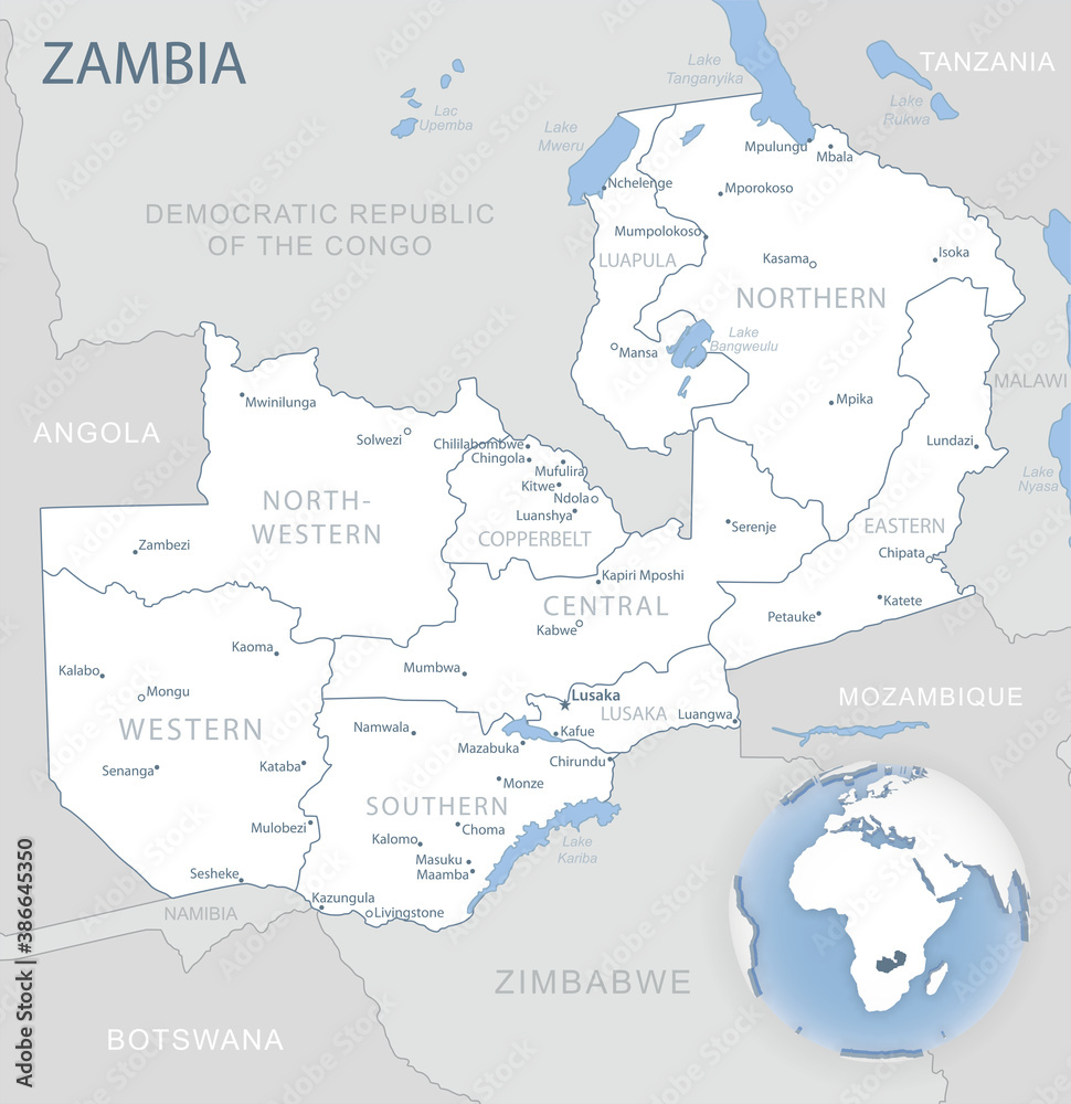 Blue-gray detailed map of Zambia administrative divisions and location on the globe.