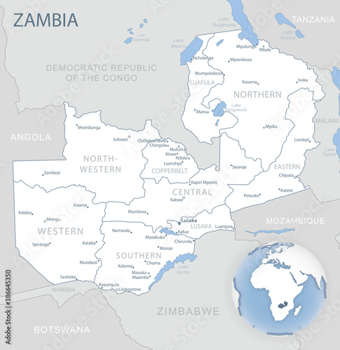 Fototapeta Naklejka Na Ścianę i Meble -  Blue-gray detailed map of Zambia administrative divisions and location on the globe.