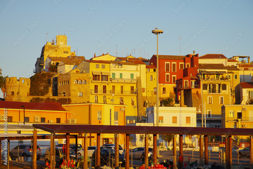 Termoli - Molise - A part of the ancient village with colorful houses overlooking the port and in the background the Belvedere Tower and the Swabian Castle