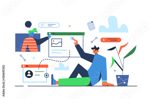 Two guys are working with files and data on the network, virtual screens isolated on white background, flat vector illustration